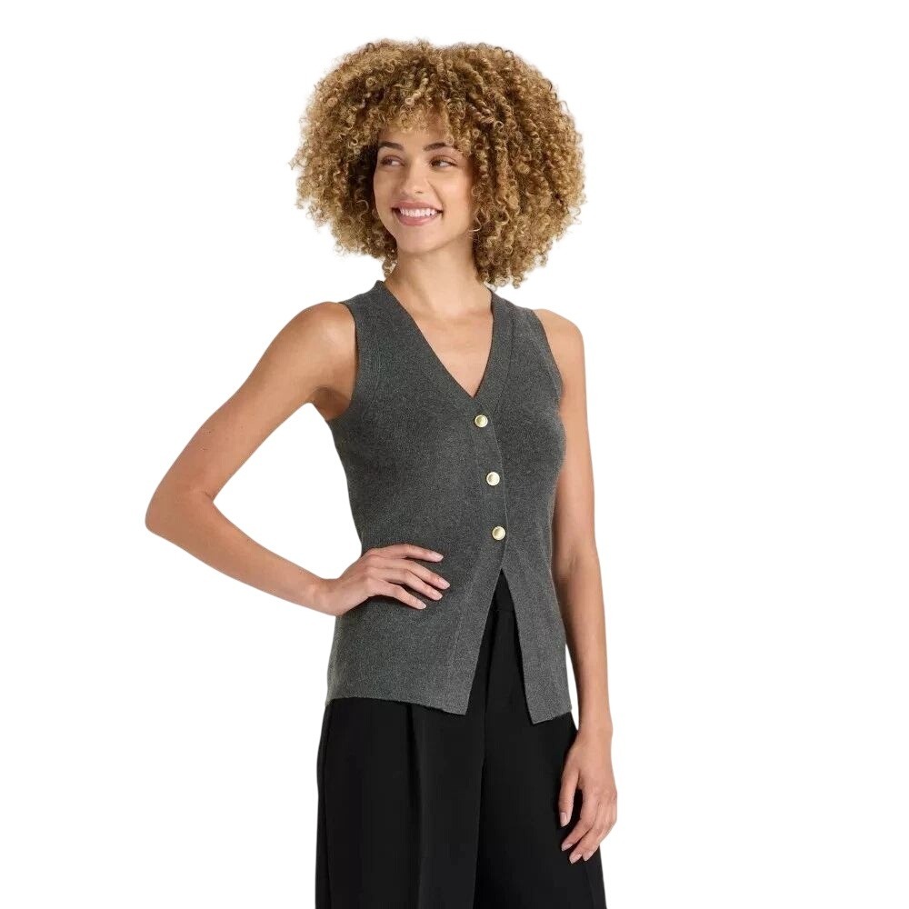 A New Day Women's Gray Button Front Sleeveless Sweater Vest Size M